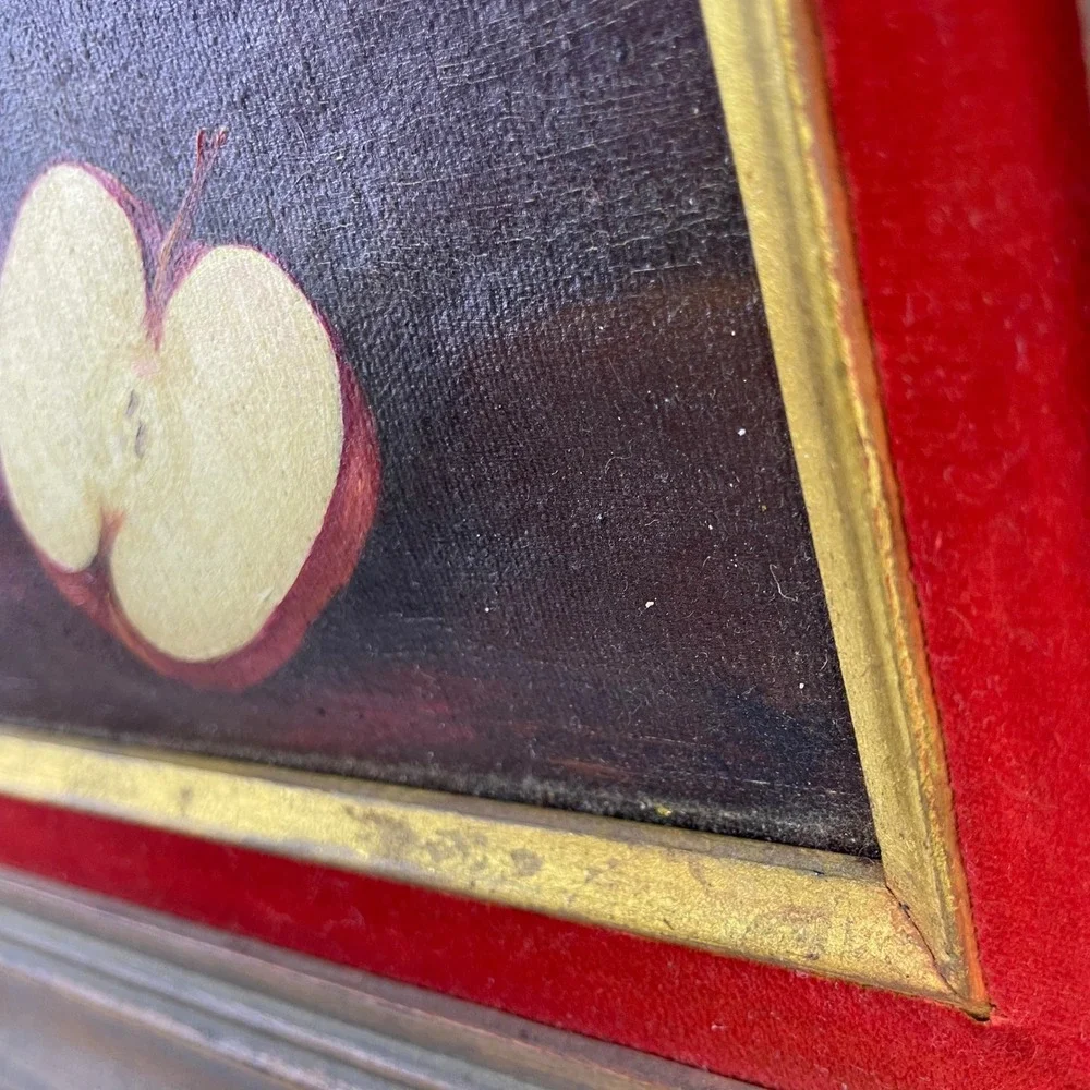 Antique French Still Life Oil Painting Red Apple Gold Frame Red Velvet Mat - Picture 8 of 16